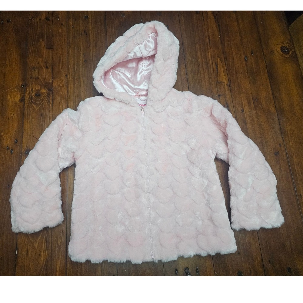 Kids Pink Heart‎ Faux Fur Hooded Jacket Zipper Soft Cozy Outerwear
